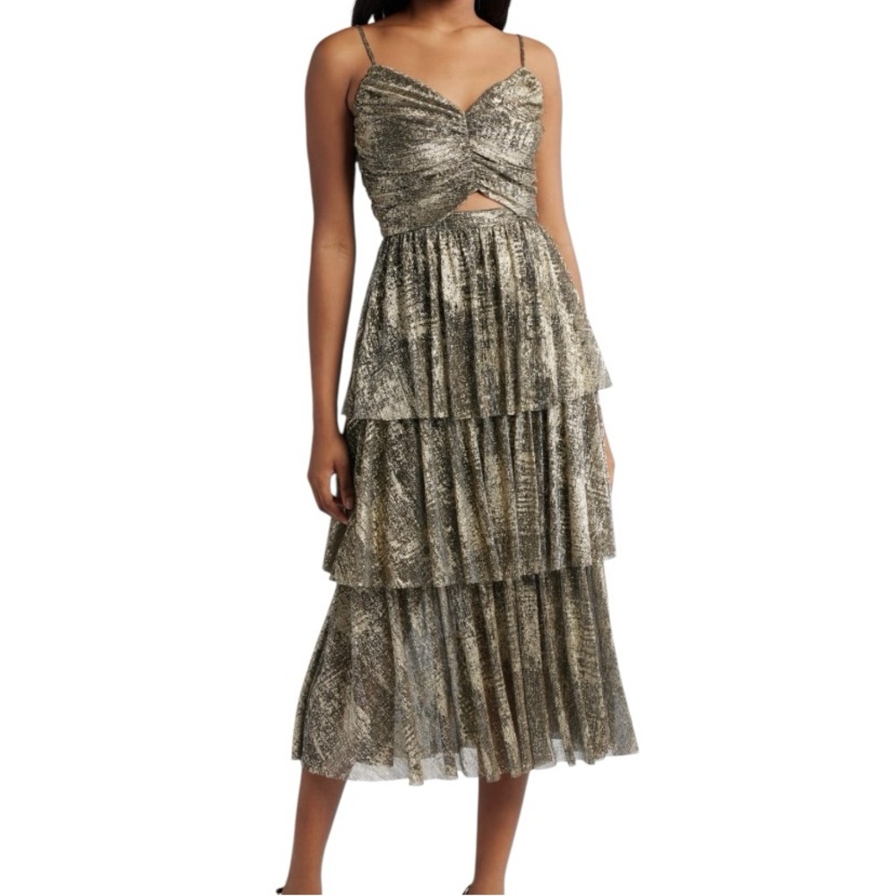 NWT Moon River Metallic Tiered Maxi Dress Black Gold
